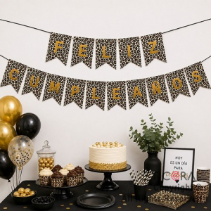 BANDERIN ANIMAL PRINT FELIZ CUMPLEA�OS CON STAMPING ORO